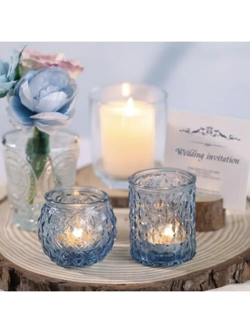 Set of 24 Blue Glass Votive Candle Holders - Round Tea Light Holders for